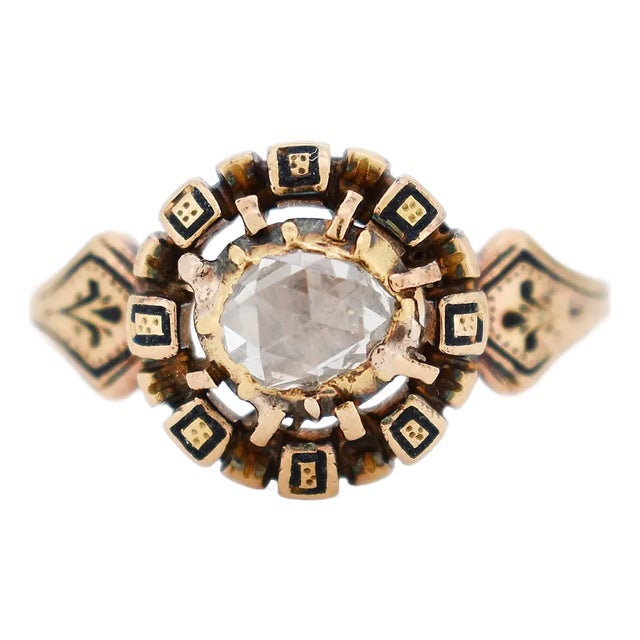 Neo-Renaissance Ring in 18 Carat Gold, Enamel and Diamond, Size 8 For Sale