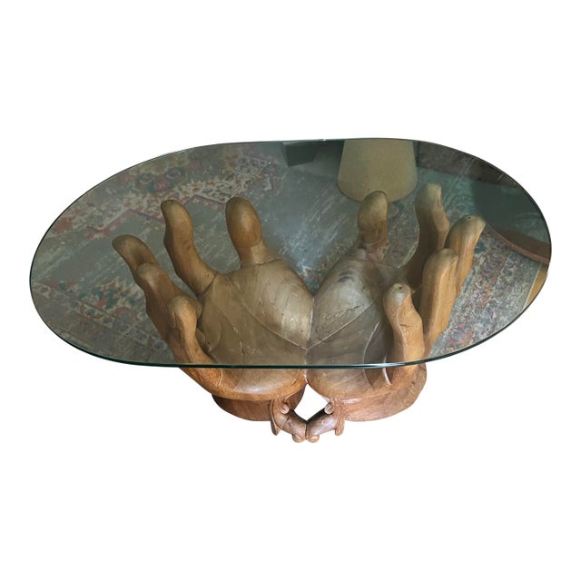 1970s Wooden Hand Carved Hands Table Skirted Base For Sale