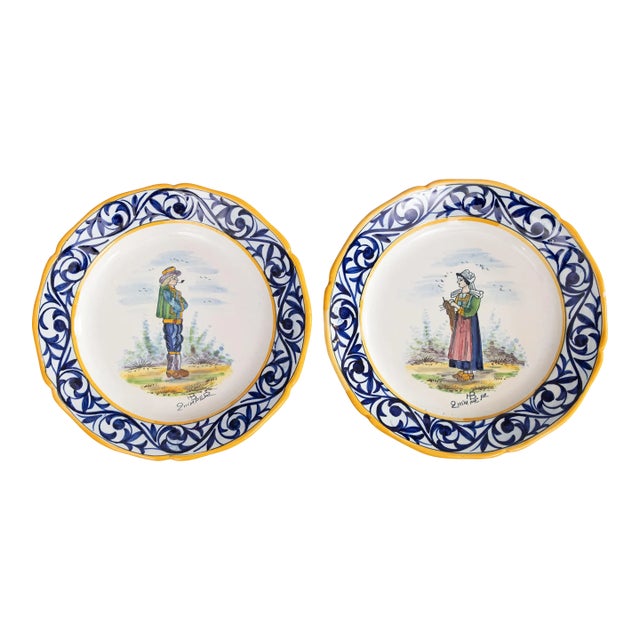 Antique French Faience Quimper Plates - A Pair For Sale