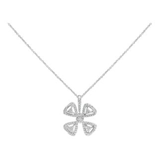 14K White Gold 5/8 Cttw Diamond 4 Leaf Floral Pendant Necklace For Sale