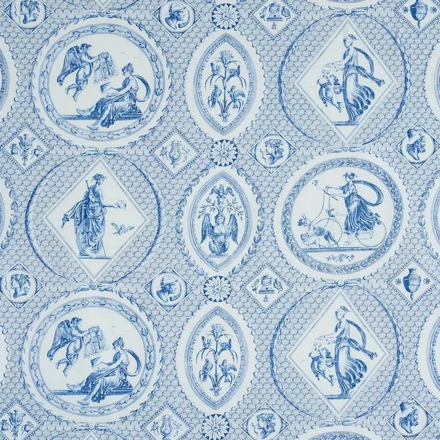 Schumacher X Jill Lasersohn Les Scenes Contemporaines Fabric in Blue For Sale