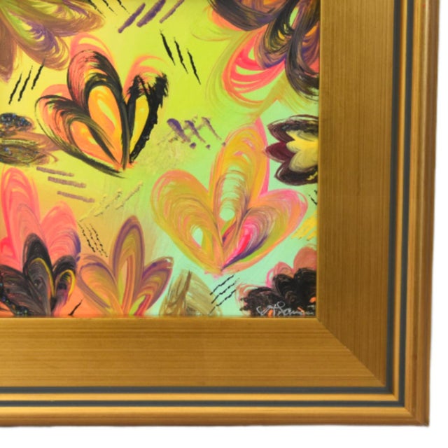 Abstract Colorful Vibrant Abstract Impressionist Painting Including the Antiqued Gold Wood Frame For Sale - Image 3 of 5