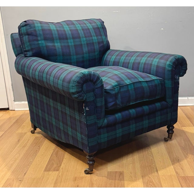 George Smith Full Scroll Arm Chair with loose down filled back and seat cushion in wool tartan. The chair sits on turned...