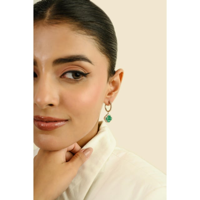 Green 2.92Ct Zambian Emerald & Diamond Clover Dangle Drop Earrings in 14k Gold- A Pair For Sale - Image 8 of 13