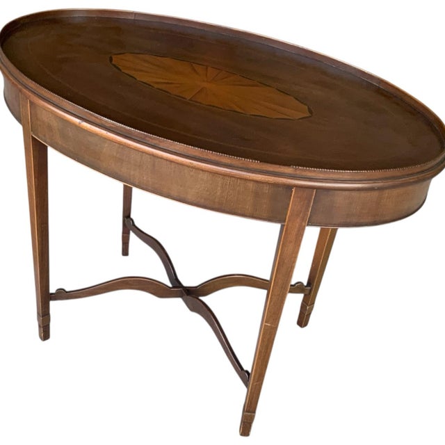 Wood Antique English Edwardian Mahogany & Satinwood Marquetry Oval Occasional Table England C. 1900 For Sale - Image 7 of 11