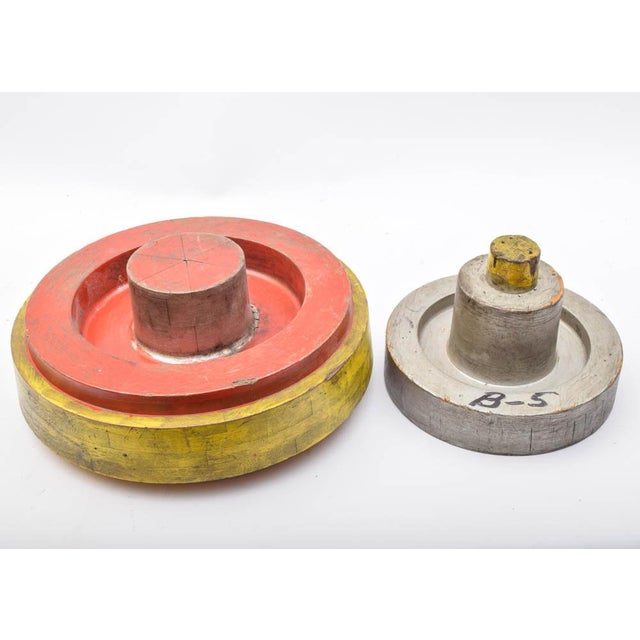 Yellow Wood Sculpture Pulleys Set Vintage Garden Outdoors Indoors Wall Art Round Blocks Modernist Sculpture For Sale - Image 8 of 9