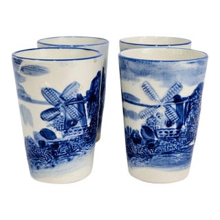 Vintage Delft‑Style Blue & White Windmill Tumblers – Set of 4 For Sale