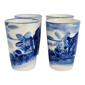 Vintage Delft‑Style Blue & White Windmill Tumblers – Set of 4