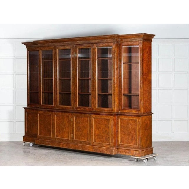 English Burr Walnut Breakfront Bookcase, 1920s For Sale - Image 4 of 10