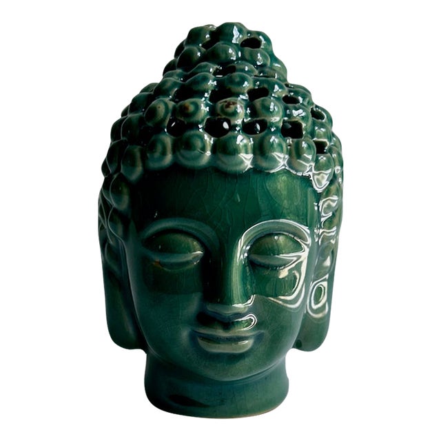 Vintage Pierced Glossy Green Glazed Ceramic Buddha Head For Sale