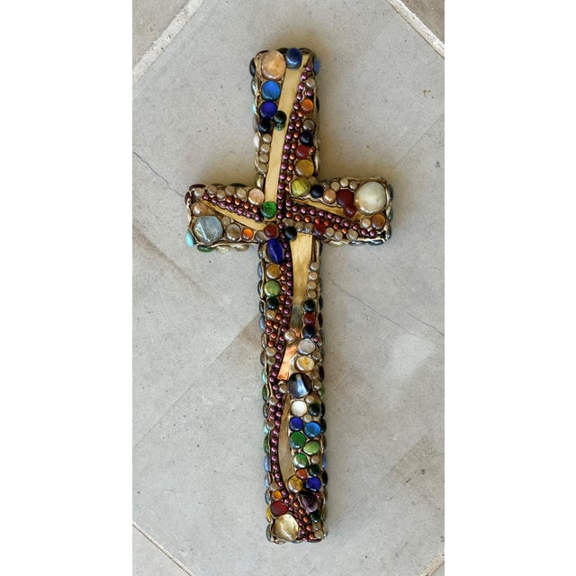 Late 20th-Century Mosaic-Style Faux "Jeweled" Stone, Glass & Wood Cross Wall Hanging For Sale - Image 16 of 16