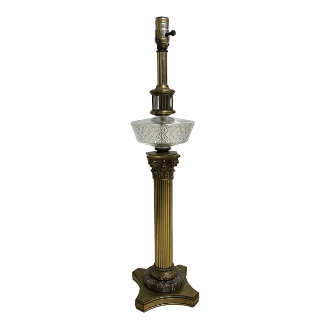 Brass and Marble Corinthian Column Spirit Lamp With Glass Font For Sale