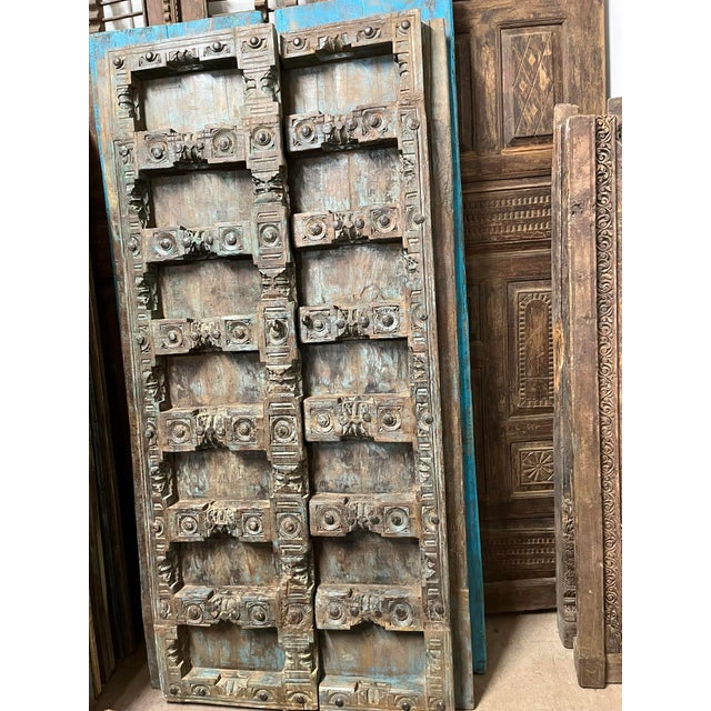 Mid-Century Modern Antique Hand-Carved Teak Barn Door in Blue Patina | Rustic Farmhouse Statement Door 84 For Sale - Image 3 of 4