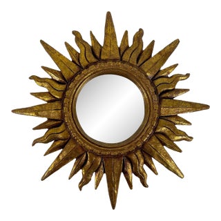 Mid 20th Century 12.5" Gold Gilded Sunburst Wall Accent Mirror For Sale