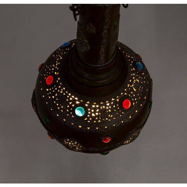Elongated Indian Gulab Pash Form Bejeweled & Pierced Brass Pendant Light For Sale - Image 10 of 11