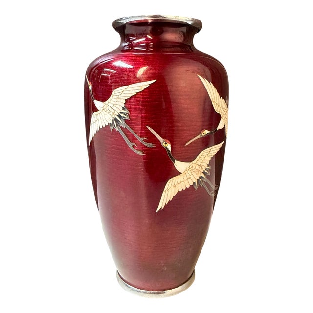 Shippo-Yaki Cloisonné Vase Cranes, Andō Shippōten, 1970s For Sale