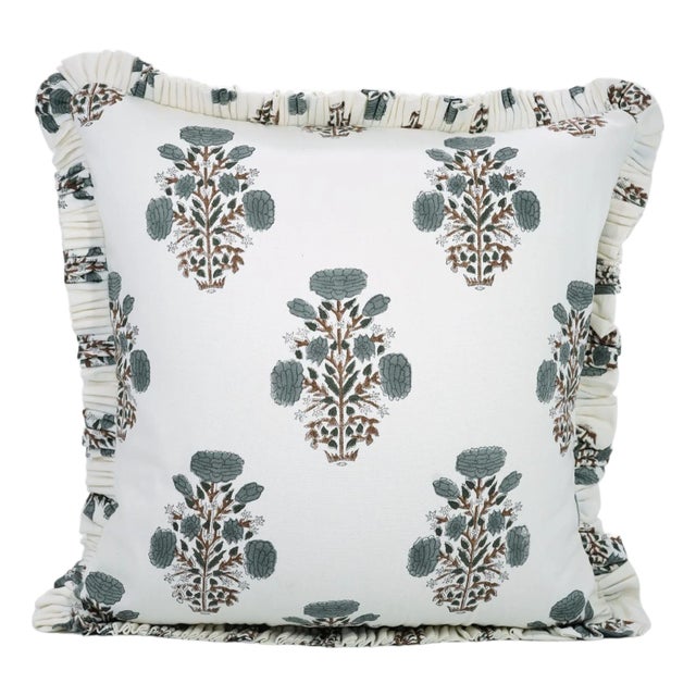Fabdivine Handmade Block Printed Frill Cushion Cover Gray 20x20 Inch Thick Cotton White- Swadesh For Sale