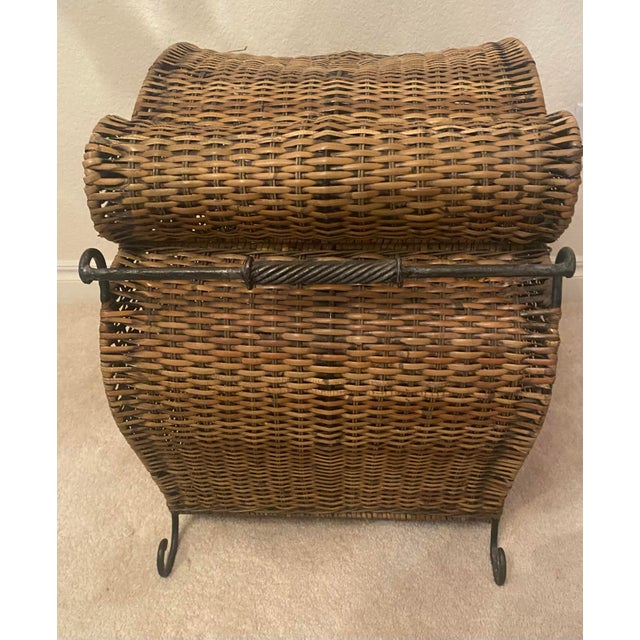 Vintage Woven Rattan Bombay Storage Chest With Lid Wrought Iron Scroll Feet, Handles, and Latch. For Sale - Image 14 of 17
