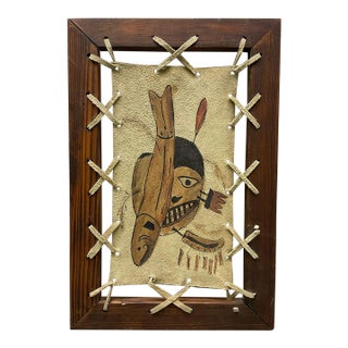 Late 20th Century Alaskan Inuit Folk Art on Leather Depicting a Spirit Mask and Salmon For Sale
