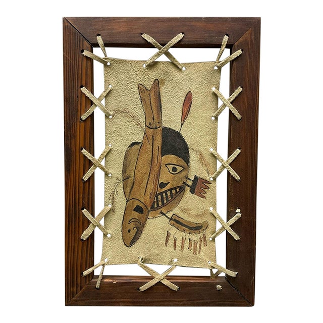 Late 20th Century Alaskan Inuit Folk Art on Leather Depicting a Spirit Mask and Salmon For Sale