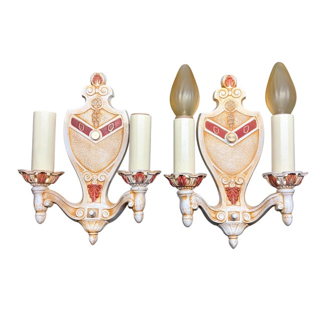 1920s Wall Sconces Ivory Cream White and Red With Gold Colored Highlights Two Light Candle Sconces Restored - Set of 4 For Sale - Image 10 of 13
