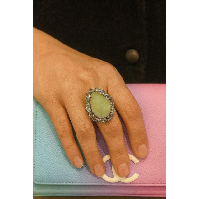 Bochic "Capri" Vintage Natural Aquamarine & Blue Topaz Ring Set In 18K White Gold & Silver Natural Pear Shape Aquamarine 9...