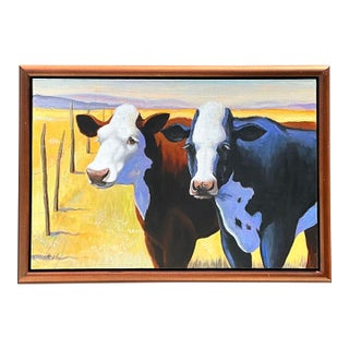 Vintage Original Cow Painting on Canvas For Sale