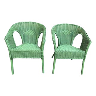 1940s Original Painted Mint Green Wicker Chairs -Pair For Sale