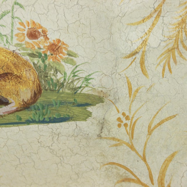 Vintage Hand Painted Tole Tray Cream With Dog and Sunflower Motif Scalloped Serving Tray For Sale - Image 11 of 13