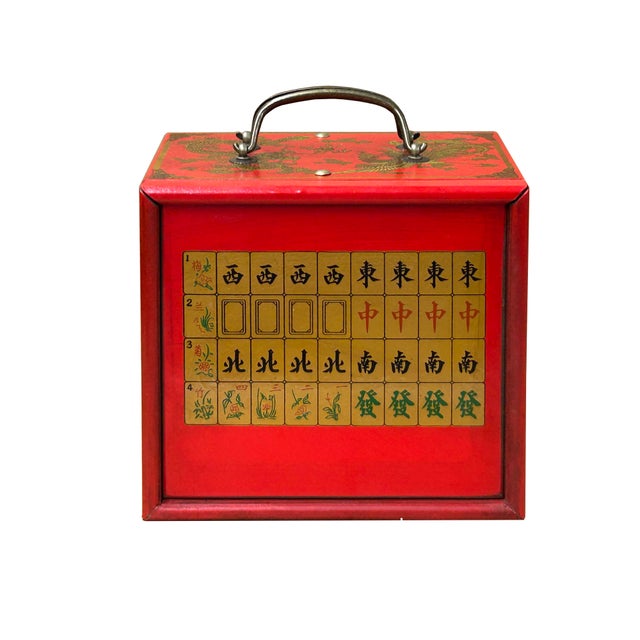 This vintage-inspired Mahjong set is housed in a vibrant red wooden carrying case, featuring five individual drawers and a...