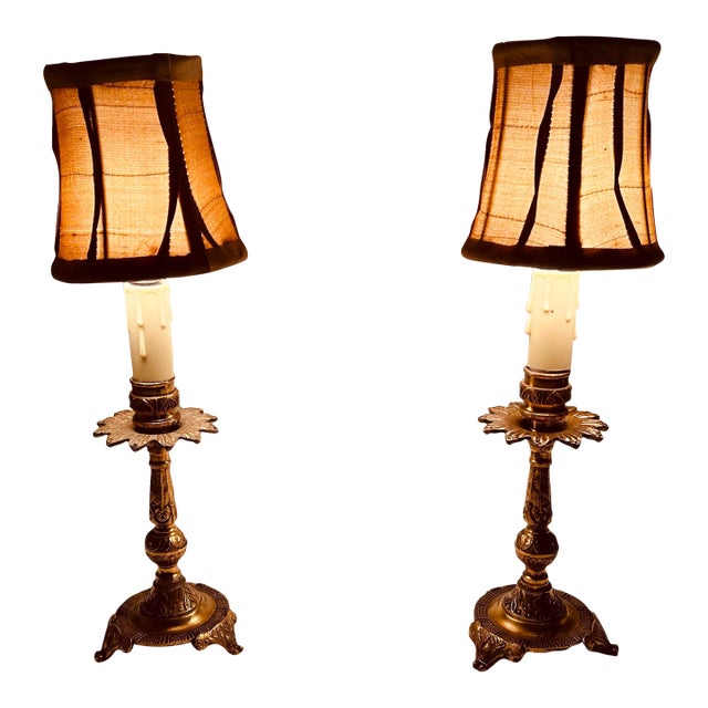 Pair Small Early 20th Century Brass Candlestick Lamps For Sale