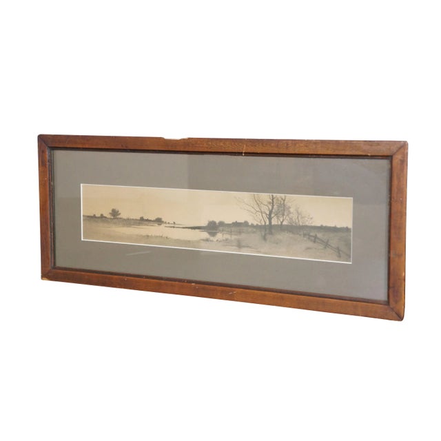 Late 19th century black and white etching. A panoramic country landscape with a large pond, rail fence, and distant...