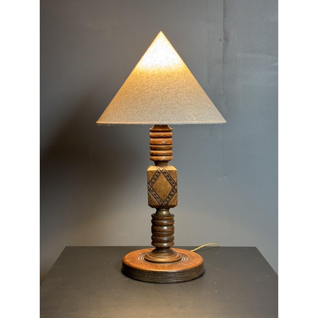 1950s Mid-Century Brutalist French Wood Table Lamp from Charles Dudouyt, 1950s For Sale - Image 5 of 13