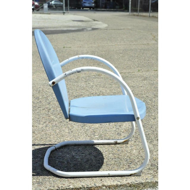 Mid 20th Century Art Deco Blue Steel Metal Patio Chair For Sale - Image 4 of 10