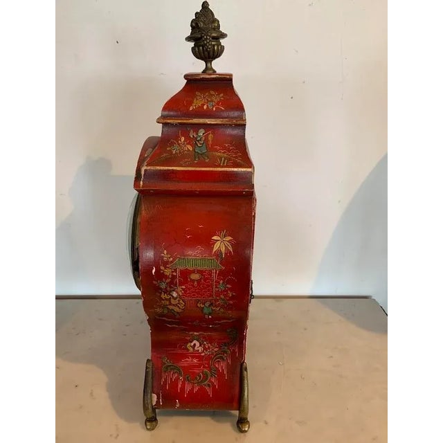 Wood 20th Century Red Lacquered Wooden Cartel Clock with Chinese Decoration For Sale - Image 7 of 13