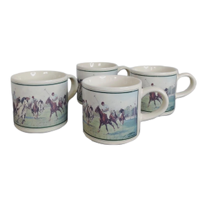Vintage 1980s Ralph Lauren Mugs Teacups Thoroughbred Collection Polo Scene Equestrian Set of 4 Made in Japan