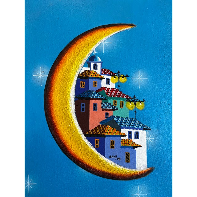 Surrealism 1970s Surrealism Houses on the Moon Painting on Canvas For Sale - Image 3 of 6