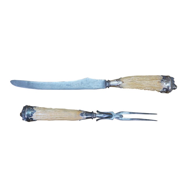 Rustic Antique Sterling Silver Antler Stag Horn Cows Head Fork & Knife Meat Carving Set 15" For Sale - Image 3 of 16