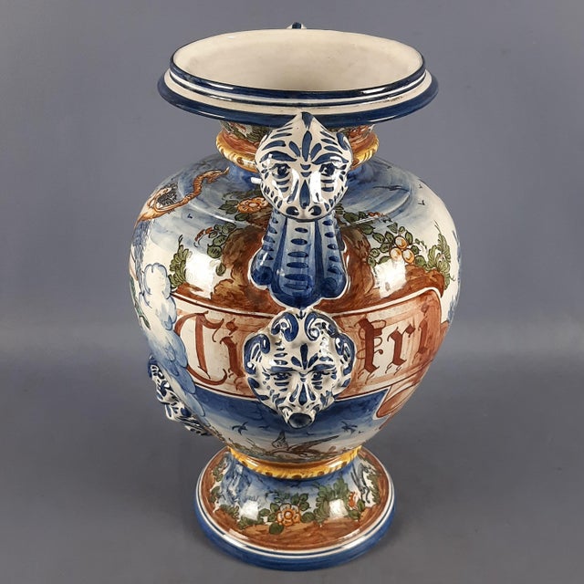 Large Vintage Historiated Polychrome Majolica Vase with Zoomorphic Handles from Albissola, 20th Century For Sale - Image 5 of 14