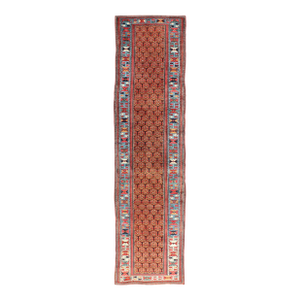 Antique Persian Kurdish Long Gallery Runner With Repeating Tribal Motif Design 3'5 X 14'9