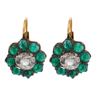 Late 19th Century Pair of Victorian 1.40 Carat Diamond Cabochon Emerald Gold and Silver Cluster Earrings For Sale