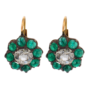 Late 19th Century Pair of Victorian 1.40 Carat Diamond Cabochon Emerald Gold and Silver Cluster Earrings