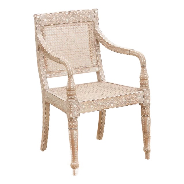Raj Colonial Inlaid Armchair With Cane Seat For Sale