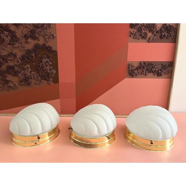 1970s Frosted Glass Scallop Shell Wall Lights - Set of Three For Sale - Image 13 of 18