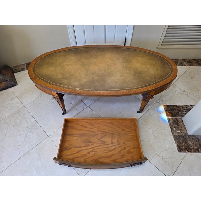 1950s Mid-Century Weiman Heirloom Quality Leather Top Oval Coffee Table - Model 12-53146 For Sale - Image 5 of 10