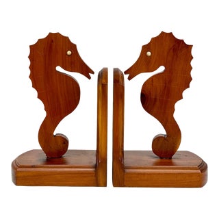 Mid-Century Coastal Maple Tiki Seahorse Library Bookends - a Pair For Sale