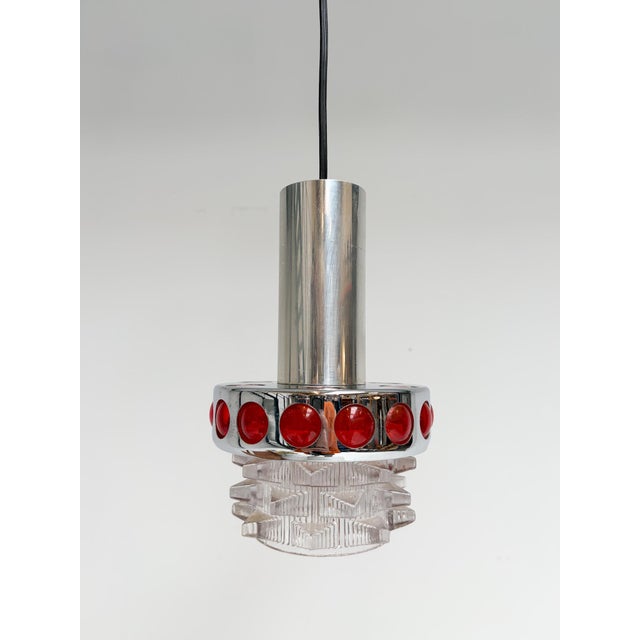 Chrome with Red Glass Ceiling Lamp attributed to Raak Design Team for Massive Lighting, 1960s For Sale - Image 6 of 12