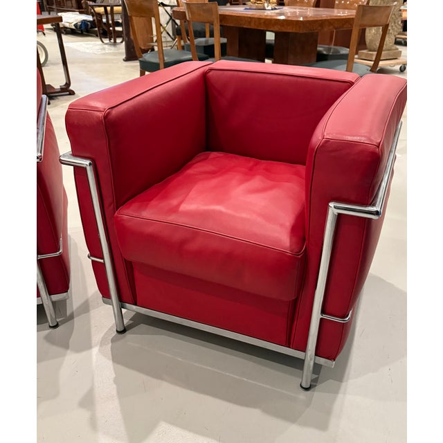 1970s Chrome and Red Leather Club Chairs in the Style of Le Corbusier - A Pair For Sale - Image 5 of 14
