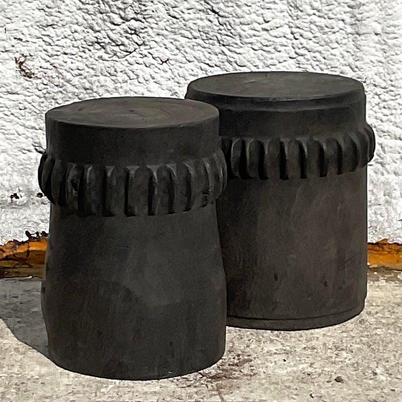 Vintage Boho Ebony Paddle Stump Low Stools - A Pair - Back view