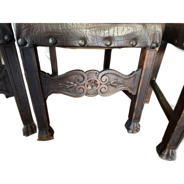 Brown Late 19th Century Antique Carved Wood Dining Chairs With Leather Upholstery, Set of 5 For Sale - Image 8 of 8